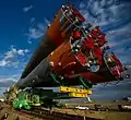 Soyuz TMA-01M, being rolled out to the launch pad at the Baikonur Cosmodrome in 2010.