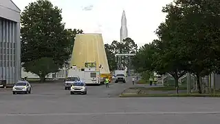 NASA moving the SLS launch vehicle stage adapter, with SA-D at the back.