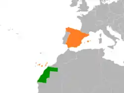 Map indicating locations of Sahrawi Arab Democratic Republic and Spain