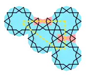 Construction of girih pattern in Darb-e Imam spandrel (yellow line). Construction decagons blue, bowties red. The strapwork cuts across the construction tessellation.