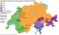 Language distribution in Switzerland by the year 2000. Romandy is shown in green