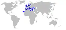 World map with blue outlines on the coastlines of southern Scandinavia, northern Europe, Britain and Ireland, the Iberian Peninsula, the Mediterranean, and northwest Africa as far as the Canary Isles