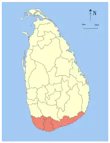 Map indicating the extent of Southern Province within Sri Lanka