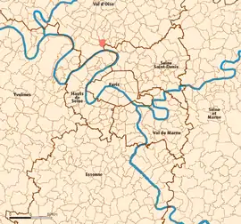 Location (in red) within Paris inner and outer suburbs