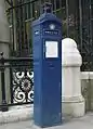 Police telephone post (not functional) at St. Martin's Le Grand, London — painted (incorrectly) in 'Met' dark blue. 'City' boxes were painted in a light blue.