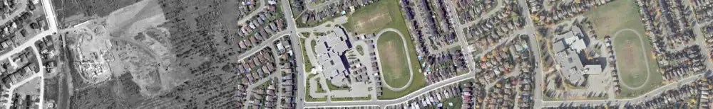 Aerial photography of St. Peter Catholic High School grounds showing its construction and expansion since 1991.