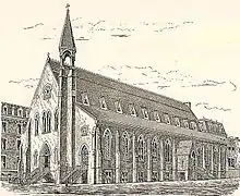 A drawing of a church with high, sloping roof and a narrow tower with open belfry off to the right of the roof ridge