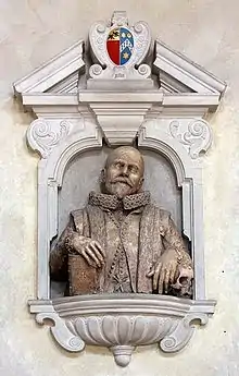 Broken pediment on the monument to John Speed, London, c. 1630