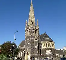 St Mark's Church, Belgrave Gate, Leicester, 1869–72 by Ewan Christian, showing the impressive chancel apse and south-east tower and spire