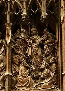 Detail of the choir stall carvings – the Assumption