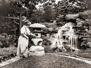 c.1920 photo of Mrs. F. A. Seiberling in Japanese garden at Stan Hywet Hall & Gardens (built in 1916)