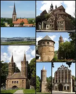 From top left, clockwise: St. John's Church, St. Mary's Church, Weavers' Tower and museum, National Music school, White Head Tower, Mill Gate, tire factory