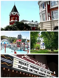 From top to bottom left to right: The Bulloch County Courthouse and Averitt Center for the Arts, Splash in the Boro Water Park, Campus Georgia Southern University, the Emma Kelly Theater