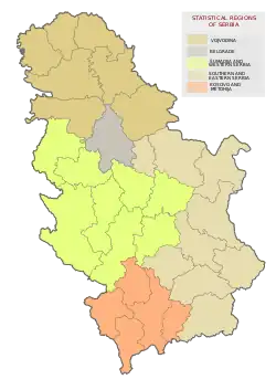 Location of Šumadija and Western Serbia (yellow) in Serbia