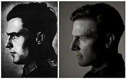 Collage of two photos that each show a man's profile. The left profile is a dated photo of a man with the visible collar of his army uniform, and the right profile is a modern photo of a man.