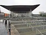 Steps leading up to the entrance of the Senedd building