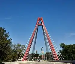 The Robert N. Stewart Bridge (foreground), with the Bartholomew County Courthouse and First Christian Church visible in the background.