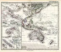 An 1891 German map showing Los Jardines (Marshall) in the Anson Archipelago, northeast of the Mariana Islands and northwest of the Marshall Islands