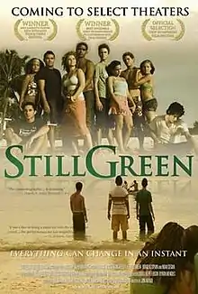 Film poster showing a split image of a group of people looking out over the ocean