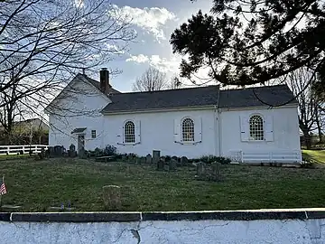 A view of the side of the church in April 2023