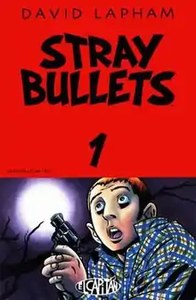 The cover has a large banner at the top reading "STRAY BULLETS" with a band in the bottom third that has a drawing of a man with a revolver looking scared under the moon