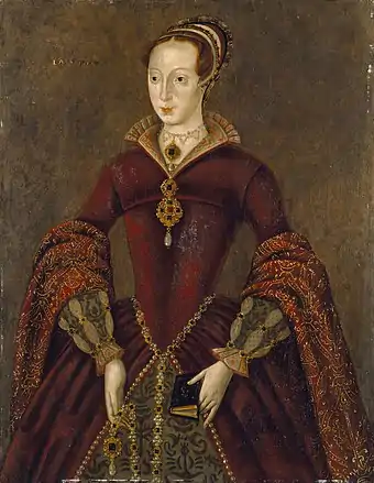 A stiff Elizabethan-style three-quarter portrait of Lady Jane Grey wearing elaborate formal dress and holding a prayer book. She is a tall, pale, rather horsey-faced young woman.