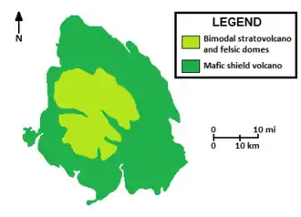 A diagram explaining the geologic structure of a large volcano.