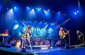 Styx in 2017.  L-R: Lawrence Gowan, Ricky Phillips, Todd Sucherman, James "JY" Young, Joshua Quinn, and Tommy Shaw.