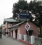 Pink-brick station building