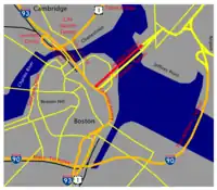 Showing the Sumner Tunnel (in red)