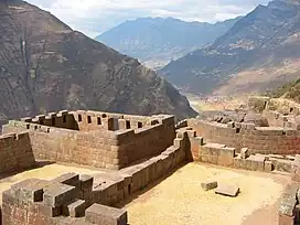 View of the Sacred Valley from Intiwatana ceremonial and religious area of the Inca complex.