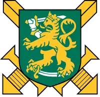 Finnish Army: Finnish coat of arms with jaeger green escutcheon placed upon crossed swords