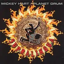 A human figure, kneeling, playing a large drum, and singing, in front of a circular series of pictograms surrounded by a ring of fire