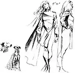 Drawings of a woman and a caped Dalmatian