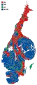 Cartogram of the map to the left with each municipality rescaled to the number of valid votes cast.