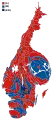 Cartogram of the map to the left with each municipality rescaled to the number of valid votes cast.