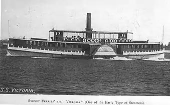 Victoria (built 1883) is typical of Sydney's double-ended inner harbour paddle steamer ferries of the late 19th century.