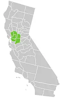 Symphyotrichum lentum distribution map: California counties of Contra Costa, Napa, Sacramento, San Joaquin, Solano, and Yolo.