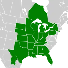 Symphyotrichum oolentangiense distribution map: Canada — Ontario; Mexico — Coahuila; US — Alabama, Arkansas, Florida, Georgia, Illinois, Indiana, Iowa, Kansas, Kentucky, Louisiana, Michigan, Minnesota, Mississippi, Missouri, Nebraska, New York, Ohio, Oklahoma, Pennsylvania, South Dakota, Tennessee, Texas, and Wisconsin.