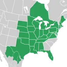 Symphyotrichum praealtum native distribution map: Canada — Ontario; Mexico — Chihuahua, Coahuila, and Nuevo León; US — Alabama, Arkansas, Connecticut, Delaware, District of Columbia, Florida, Illinois, Indiana, Iowa, Kansas, Kentucky, Louisiana, Maine, Maryland, Massachusetts, Michigan, Minnesota, Mississippi, Missouri, Nebraska, New Hampshire, New Jersey, New York, Ohio, Oklahoma, Pennsylvania, Rhode Island, South Dakota, Tennessee, Texas, Virginia, West Virginia, and Wisconsin.