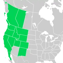 Symphyotrichum spathulatum distribution map: Canada — Alberta and British Columbia; Mexico — Baja California; US — California, Colorado, Idaho, Montana, Nevada, New Mexico, Oregon, Utah, Washington, and Wyoming.