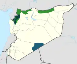 Areas under control of various opposition groups as of February 2020     Interim Government (National Army)     Salvation Government (Tahrir al-Sham)     al-Tanf (Syrian Free Army)