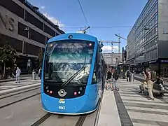 A tram on Klarabergsgatan in 2018.