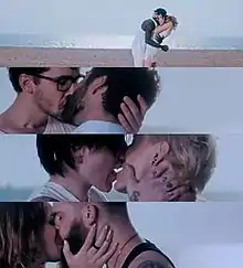 Images of four couples wearing white suits while kissing each other.