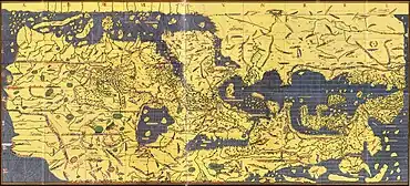 Image 18The Tabula Rogeriana, drawn by Muhammad al-Idrisi for Roger II of Sicily in 1154. Note that the north is at the bottom, and so the map appears "upside down" compared to modern cartographic conventions. (from History of cartography)