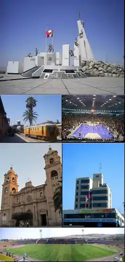 Top: Monument at Battle of Tacna at Intiorko Hill, 2nd left: Ferroviaria Railroad Station, 2nd right: Cerrado Peru Arena (Coliseo Cerrado Peru), 3rd left: Tacna Cathedral, 3rd right: Tacna Municipal Hall, Bottom: Jorge Basadre Stadium (Estadio Jorge Basadre)