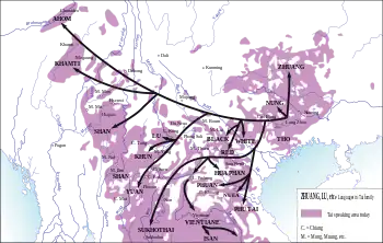 Image 33Map showing linguistic family tree overlaid on a geographic distribution map of Tai-Kadai family. This map only shows general pattern of the migration of Tai-speaking tribes, not specific routes, which would have snaked along the rivers and over the lower passes. (from History of Laos)