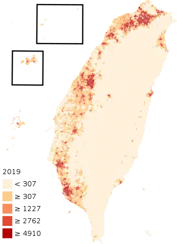 Image 28Population density map of Taiwan in 2019 (from History of Taiwan)