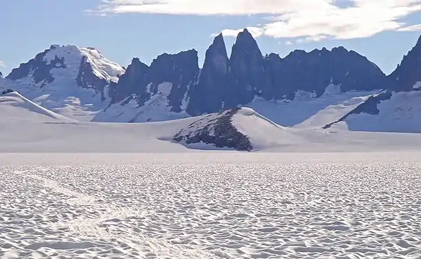 Emperor Peak (left) with Taku Towers centered