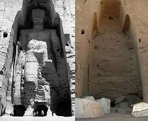 Taller Buddha of Bamiyan, c. 547 AD., in 1963 and in 2008 after they were dynamited and destroyed in March 2001 by the Taliban